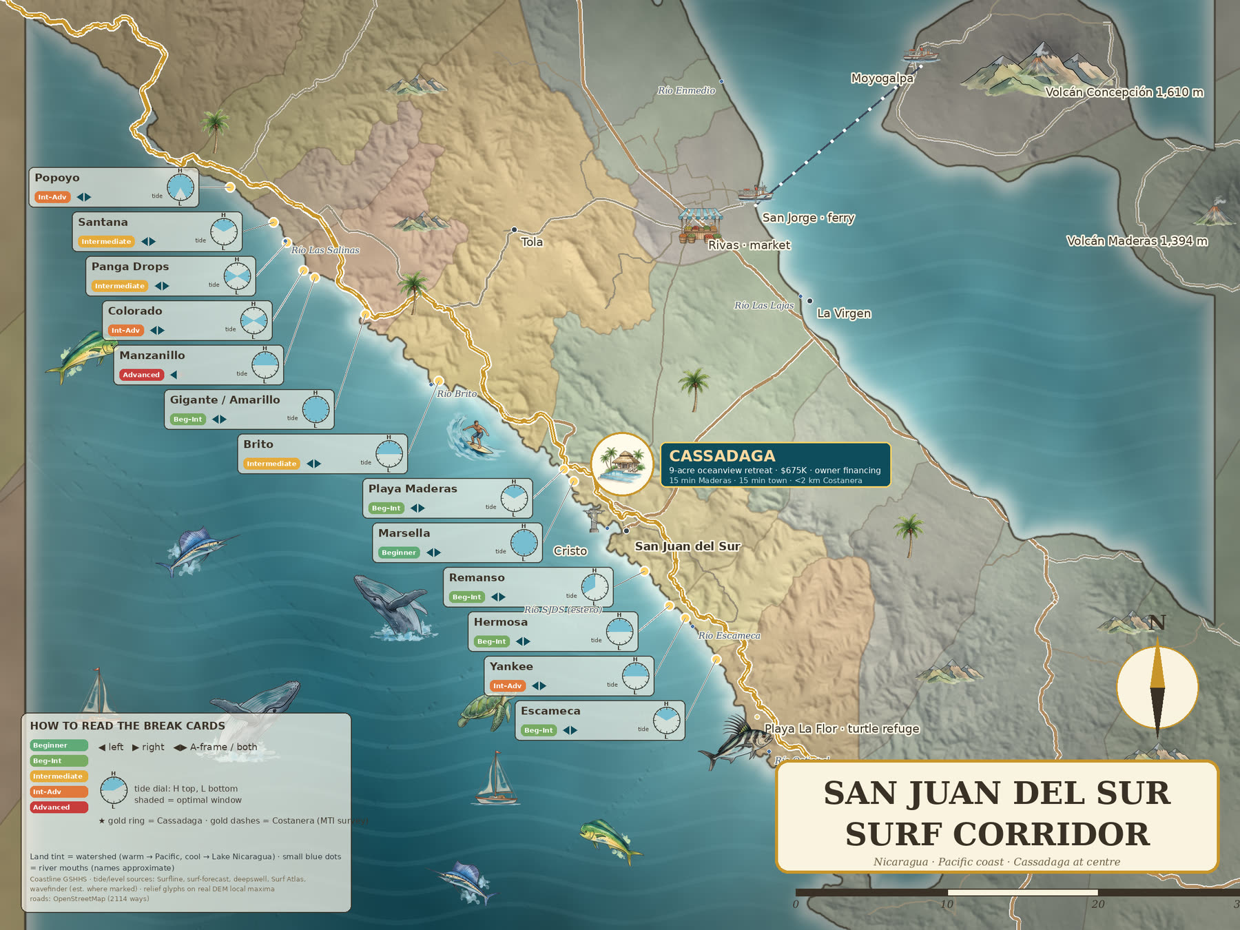 Map of the San Juan del Sur surf corridor showing 13 named breaks and the five homes for sale